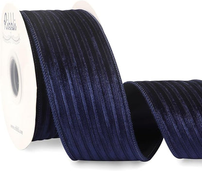 Ribbli Glossy Navy Velvet Wired Ribbon 2.5 Inch Striped Velvet Christmas Ribbon for Gift Wrapping Christmas Tree Decoration Crafts Wreaths Supplies-Continuous 10 Yards