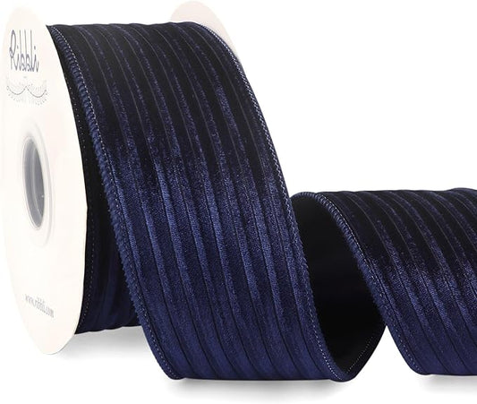 Ribbli Glossy Navy Velvet Wired Ribbon 2.5 Inch Striped Velvet Christmas Ribbon for Gift Wrapping Christmas Tree Decoration Crafts Wreaths Supplies-Continuous 10 Yards