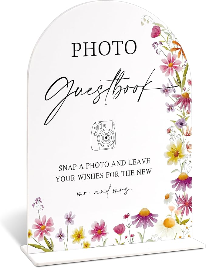 Photo Guest Book Sign for Wedding Table Decor, Wild Flower Arch Acrylic Wedding Signs for Reception, Love Is In Bloom Bridal Shower Floral Engagement Party Decorations, 6x8 Inch