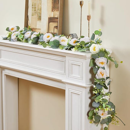 2 Pack 12Ft Artificial Eucalyptus Flower Garland with White Roses, Faux Floral Greenery Garland Fake Flower Vines for Wedding Party Centerpiece Table Runner Arch Party Decor (2PCS,White