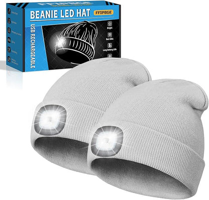 Christmas Stocking Stuffers for Men Adults, Beanie Hats with Light, USB Rechargeable LED Hand Free Headlamp, Birthday Gifts for Men, Women, and Teens, Ideal for Camping, Hiking, 2 Pack, Grey