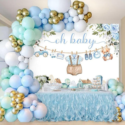 Sensfun Cute Clothes Baby Shower Backdrop for Boys Oh Baby Newborn Blue Floral Eucalyptus Leaves Adventure Baby Shower Party Decorations Banner Supplies Photo Booth Studio Props 8x6ft