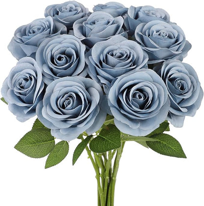 12pcs Roses Artificial Flowers Dusty Blue Silk Roses with Long Stems Fake Flowers for Wedding Bouquet Centerpices Decorations Party Bridal Baby Shower Home Decor
