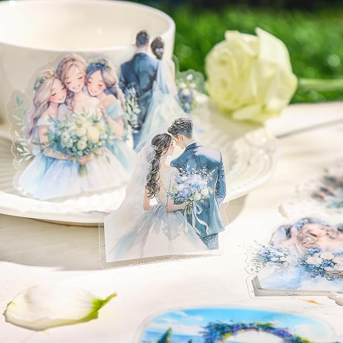 TIAMECH Wedding March PET Stickers - 60 Pcs Bride Dress Groom Love Design, Waterproof Sticker for Journaling & Scrapbooking, Junk Journal Supplies, Ephemera & DIY Crafts