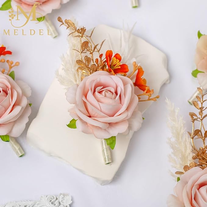Meldel Pink Velvet Rose Boutonniere for Men,Set of 6,Groom and Best Man Boutonnieres with Artificial Flower,for Wedding Ceremony Anniversary, Formal Dinner Party, Fall Vintage Rustic Marriage Prom