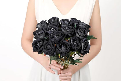 SITUMEIZI 15PCS Black Artificial Roses Silk Flowers Fake Roses Realistic Bouquet Long Stem with Gift Box for Mother's Gift Day Home Party Wedding Decorations