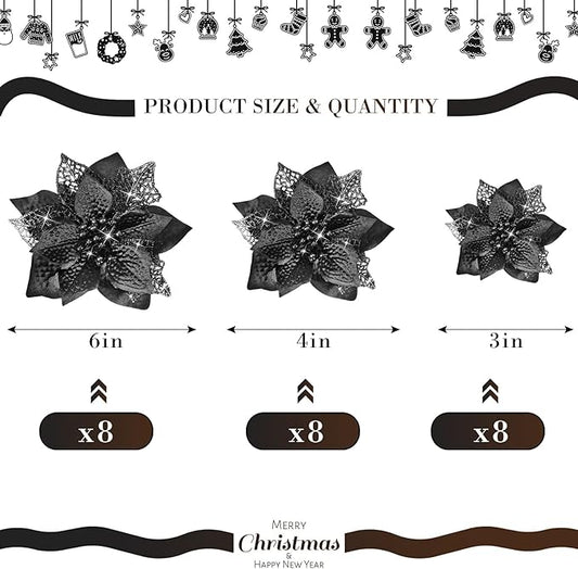 Boao 24 Pieces Christmas Artificial Glitter Poinsettia Flowers Xmas Flowers Wedding Christmas Tree New Year Ornaments(Black)