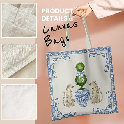 Blue and White Chinoiserie Prints Canvas Tote Bag for Women, Reusable Folding Shopping Bags with Handles