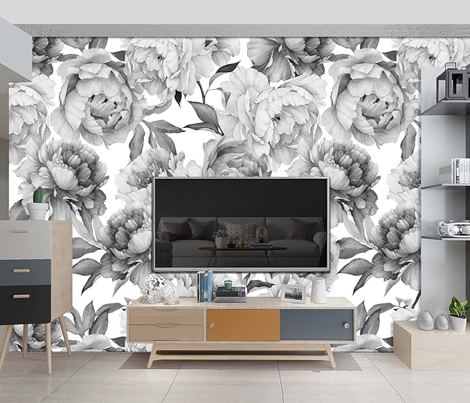 Grey Peony Floral Wallpaper Bedroom Black and White Botanical Flowers Leaf murals Aesthetic Room Decor Living Room tv Background Large Wall Mural - 183"x120" Not Peel and Stick