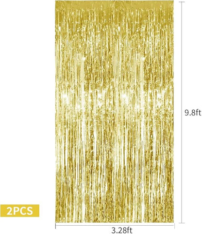 TONIFUL 2Pcs Gold Metallic Tinsel Foil Fringe Curtains,Gold Photo Booth Backdrop Streamer Curtain Photo Booth Props for Bachelorette Party,Birthday,Graduation,Christmas Decor(6.6ft x 9.9ft)