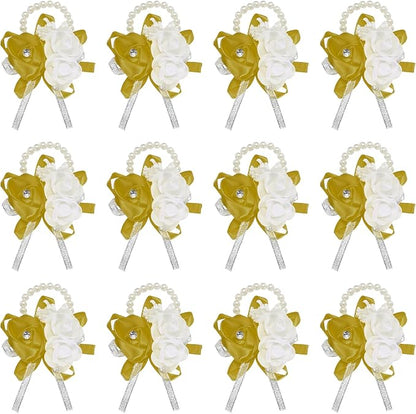 MECCANIXITY 12Pcs Wrist Corsage Artificial Flower Bracelets Rose Wrist Bride Groom Decorative for Wedding Ceremony Prom Party Anniversary Dark Yellow