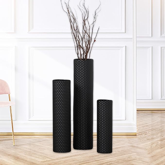 Qianly 3 Pieces Floor Vases Set Flower Container, Creative, Floor Standing Decorative Cylinder Vase for Corner Bedroom Fireplace