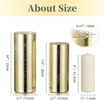 Glass Cylinder Vases Set of 6, Hewory Glittery Gold Vase for Centerpieces, Hurricane Candle Holders for Pillar or Floating Candle, Round Tall Vase for Wedding Anniversary Events Home Table Decor