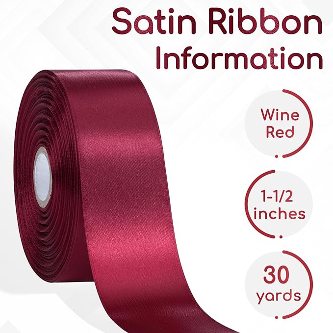 30 Yards Wine Red Ribbon 1-1/2 Inch, Dark Red Satin Ribbon for Gift Wrapping, Flower Bouquet, Crafts, Halloween, Christmas, Wedding and Eternal Roses