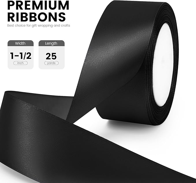 1-1/2" x 25 Yards Satin Ribbon, Black Silk Ribbon Ideal for Gift Wrapping, Floral Bouquets, Crafts, Wedding Party Decorations, Christmas and Sewing Projects