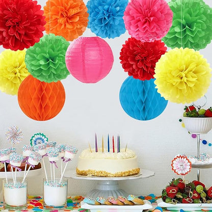 Rainbow Colourful Paper Flowers Tissue Pom Poms Honeycomb Lanterns 15pcs Party Decorations for Mexican Fiesta Cinco De Mayo Taco Carnival Birthday Wedding Baby Shower Hanging Decor Mprocherify