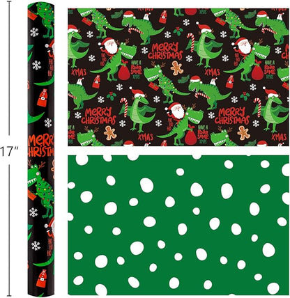 Yarcony Reversible Black Christmas Wrapping Paper for Kid, Funny Dinosaur and Santa Claus Pattern Christmas Gift Wrapping Paper for Kids Boys Men Holiday Gift Packaging (Mini Roll, 17 Inch X 33 Feet)