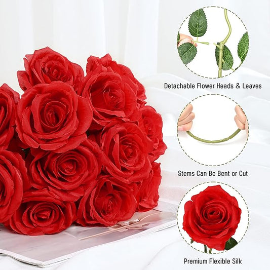 Waipfaru 12 Pcs Artificial Flowers Fake Silk Roses, Faux Real Touch Roses Bouquet with Long Stem for Wedding Party Home Decor (Red)