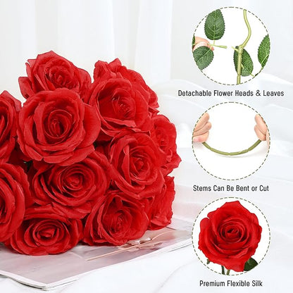 Waipfaru 16 Pcs Artificial Flowers Fake Silk Roses, Faux Real Touch Roses Bouquet with Long Stem for Wedding Party Home Decor (Red)