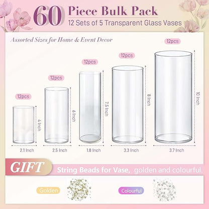 60pcs Glass Vase Cylinder Vases for Centerpieces Small Flower Glass Clear Vases Home Decor Centerpiece Table Flower Vase Decorations for Wedding Decoration＆Holiday Mixed Sizes Tall