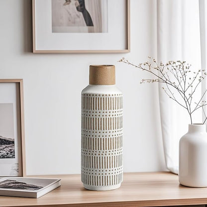 Rustic Ceramic Vase for Living Room Bedroom 11.02'' Farmhouse White Flower Vases for Bouquet Fake Plant Home Decor Office Table Shelf Fireplace Centerpieces Retro Vintage Classic Modern