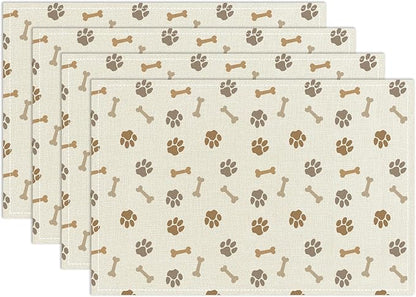 Puppy Themed Placemats Set of 4, Dog Paw Print Table Mat for Home Kitchen, Restaurants, Outdoor Linen Washable Place Mats 12x18 inch Party Event Dining Decoration-09