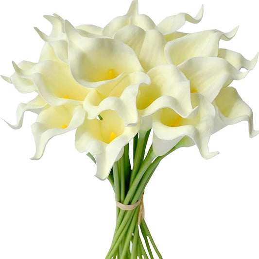 Mandy's PU Cream Calla Lily Artificial Flowers 20 Stems 13.5in Faux Realistic Centerpiece for Thanksgiving and Christmas Decorations DIY Bridal Bouquet Home Décor