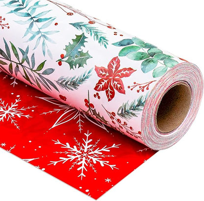 Yarcony Christmas Wrapping Paper, Holly Wrapping Paper, Vintage Watercolor Poinsettia, Floral Botanical & Winter Green Pattern Neutral Christmas Gift Wrap for Holiday, Celebration (17 Inch x 33 Feet)