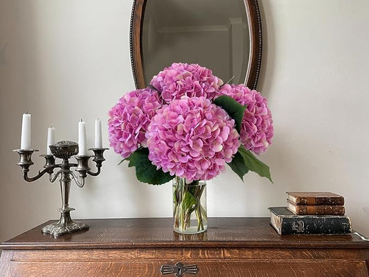 YalzoneMet 4Pcs Pink Purple Silk Hydrangea Artificial Flower Lifelike Big Blooms 20'' Long Stem Faux Hydrangea Flower Bouquets for Home Party Indoor Outdoor Wedding Table Centerpiece Decor