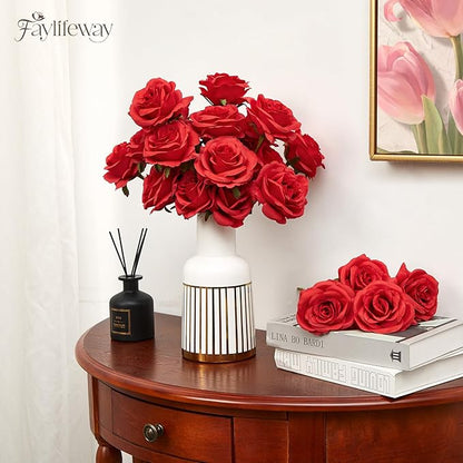 50PCS Artificial Red Roses, 3.9'' Silk Flower Head Fake Red Rose with Long Stems, Realistic Faux Roses Bouquet for DIY Wedding Home Party Office Decoration