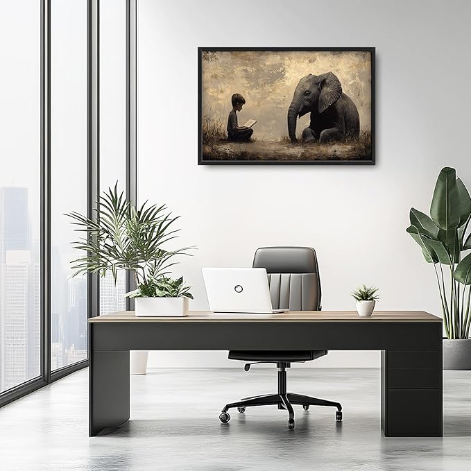 Elephant Large Wall Art Boy Reading Pictures Wall Decor Animal Canvas Elephant Print Painting Modern Artwork Home Decoration for Living Room Bathroom Bedroom Office Framed 36"x24"
