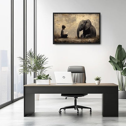 Elephant Large Wall Art Boy Reading Pictures Wall Decor Animal Canvas Elephant Print Painting Modern Artwork Home Decoration for Living Room Bathroom Bedroom Office Framed 36"x24"