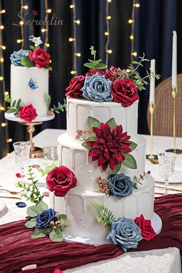 Serwalin Artificial Flowers Fake Cake Flowers Burgundy Navy Dahlia Flowers Box Set for DIY Wedding Bouquets Centerpieces Arrangements Party Baby Shower Home Decor