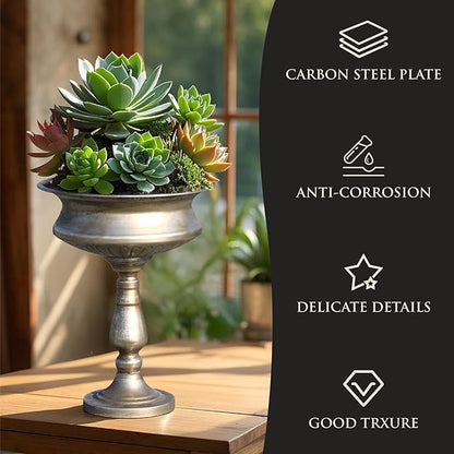 WORTH 15" H. Tall Silver Color Urn Vase for Centerpieces, 11.8" Dia. Classic Metal Trumpet Small Flower Pots for Table, Bowl Vase for Wedding Party Event Home Decor