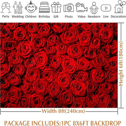 Avezano Valentine's Day Backdrop Rose Flower Wall Photo Background Red Rose Wedding Bridal Shower Photography Backdrop Mother's Day Birthday Party Dessert Table Banner (8x6ft)