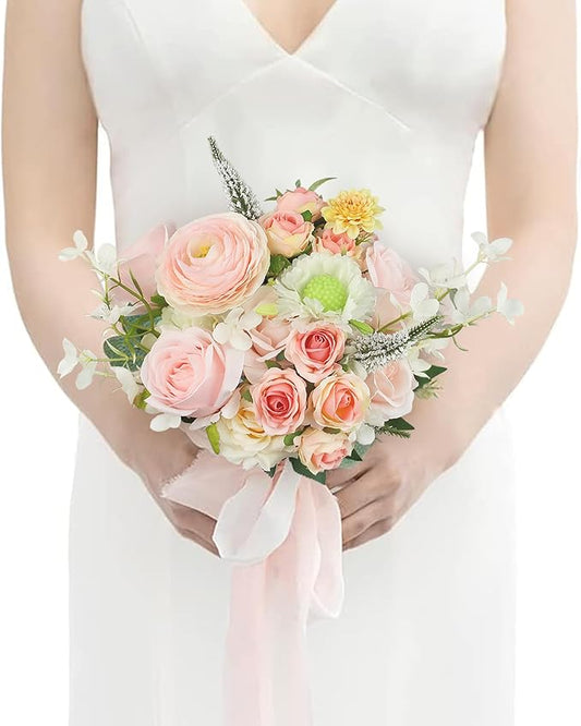 Rinlong 1Pc Pink Bridesmaids Bouquet Artificial Wedding Bouquets for Bride Bridesmaid Silk Bouquet for Homecoming Prom