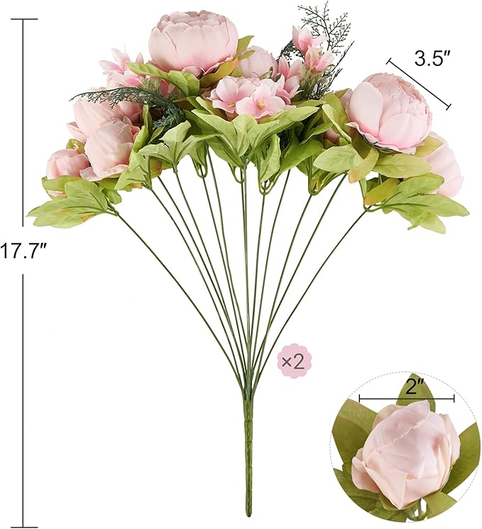 Mkono Peonies Artificial Flowers, 2 Packs 13 Stems Faux Peony Flowers Real Touch Fake Silk Bouquet for Arrangements Dining Table Centerpieces for Kitchen Bridal Wedding Party (2, Spring Light Pink)