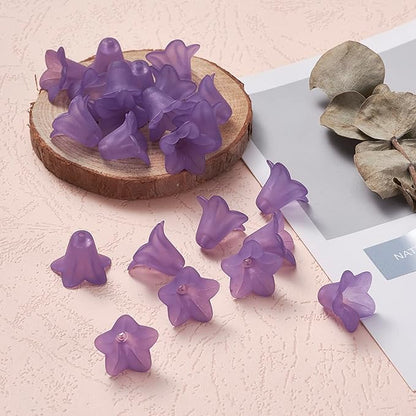 Crafans 50Pcs Frosted Acrylic Flower Beads Purple Flower Bead Caps Transparent Floral Pendants Clear Loose End Spacer Beads for Jewelry Making 17.5x12x1.5mm