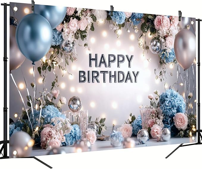 Blue Pink Happy Birthday Backdrop Banner Floral Balloon Photography Background Elegant Birthday Decorations Party Supplies Photo Booth Props 71x43 Inch