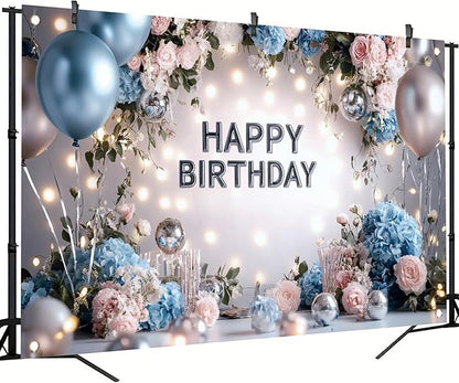 Blue Pink Happy Birthday Backdrop Banner Floral Balloon Photography Background Elegant Birthday Decorations Party Supplies Photo Booth Props 71x43 Inch