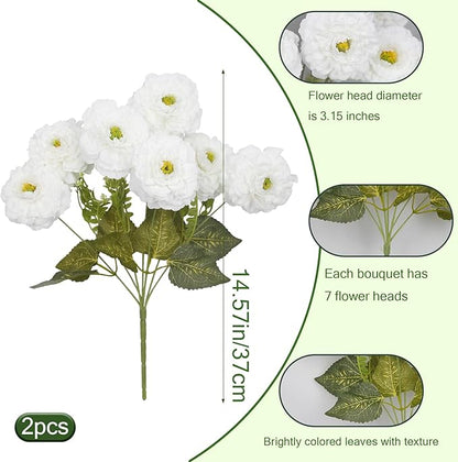 2 Pcs Artificial Flowers Spring Summer Outdoor Flowers White Zinnias Silk Flowers with Stems Zinnia Elegans Artificial Zinnias for Outdoors Floral Arrangements Table Centerpieces Wedding Decor