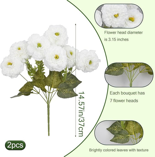 2 Pcs Artificial Flowers Spring Summer Outdoor Flowers White Zinnias Silk Flowers with Stems Zinnia Elegans Artificial Zinnias for Outdoors Floral Arrangements Table Centerpieces Wedding Decor