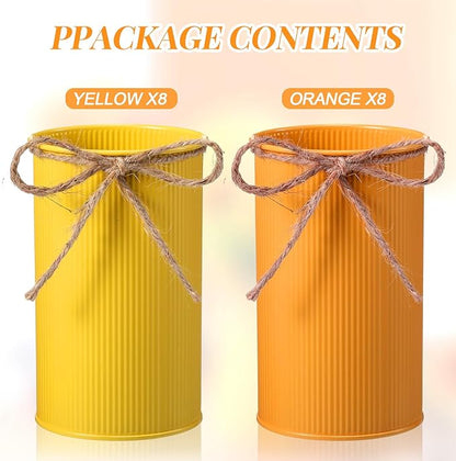 Domensi 5.91 in High Farmhouse Vase Decor Galvanized Metal Flower Vase with Twine Bow Vintage Rustic Tin Flower Buckets for Artificial Floral Table Container DIY(Yellow, Orange,16 Pcs)