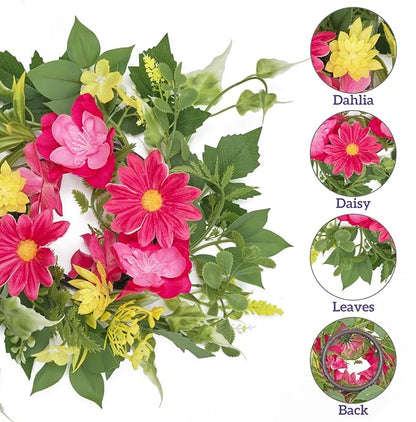 WELL KNOWN 2 Pcs Mini Spring Floral Candle Rings Wreaths for Pillars Home Table Window Decor, 9 Inches Artificial Flower Cabinet Wreath for Kitchen Farmhouse Wedding Party (Fuchsia Pink & Yellow)