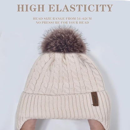 FENELY Women's Knitted Warm Beanie Winter Hat, Warm Chunky Snow Hat with Pompom