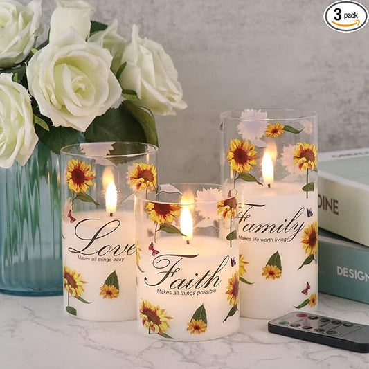 DRomance Sunflower Glass Flameless Candles with Remote Timer Battery Operated LED Pillar Candles Real Wax 3D Wick Flickering Warm Light Wedding Dinner Holiday Spring Candle 3 x 4,5,6 Inches