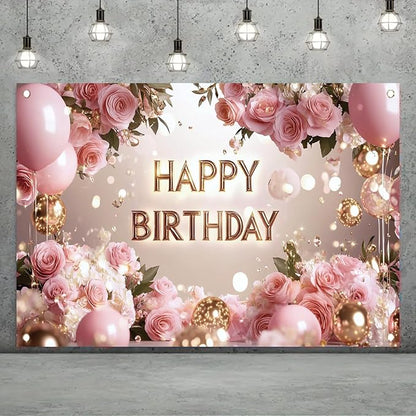 Pink Rose Happy Birthday Backdrop Banner Gold Letters Floral Photography Background Girls Birthday Party Decorations Elegant Party Supplies Photo Booth Props 71x43 Inch