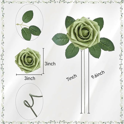 Artificial Flowers, 100pcs Artificial Rose for DIY Wedding Bouquets Centerpieces Flowers Arrangements, Elf Green Fake Flowers with Stems for Bridal Shower Graduation Events Decoration