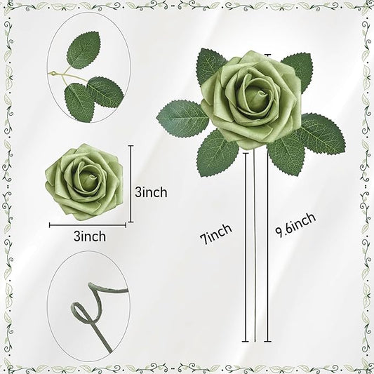 Artificial Flowers, 100pcs Artificial Rose for DIY Wedding Bouquets Centerpieces Flowers Arrangements, Elf Green Fake Flowers with Stems for Bridal Shower Graduation Events Decoration
