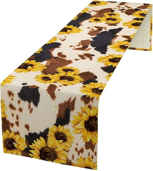 Cow Skin Print Table Runner, Vintage Sunflower Cottage Country Farm Animal Fur Skin Western Style Brown Cowhide Print Dinner Runner for Home Kitchen Dining Table 13x36in